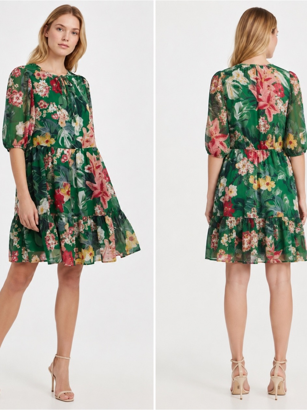 Eliza J Women’s Green Floral Balloon Sleeve Knee Length Dress Womens 10/Med NEW